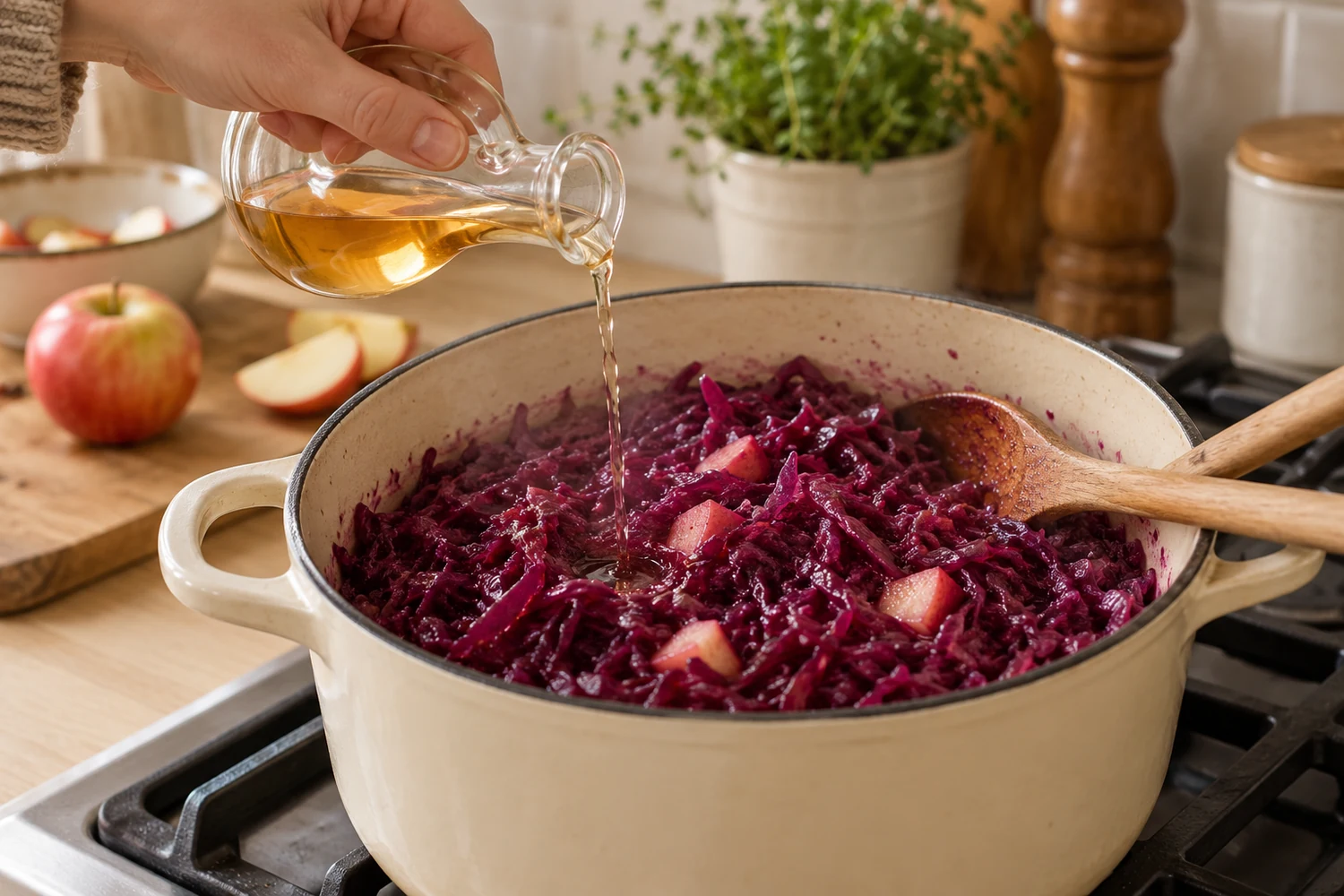 Eine Hand gibt etwas hellen Essig zu Rotkohl und Apfelstücken in einem Topf
