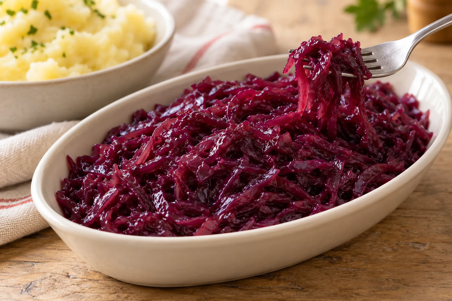 Rotvioletter geschmorter Rotkohl in einer Servierschale mit einer Gabel und Kartoffelpüree im Hintergrund