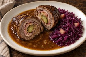Aufgeschnittene Rinderroulade mit dunkler Sauce und Rotkohl auf einem Teller