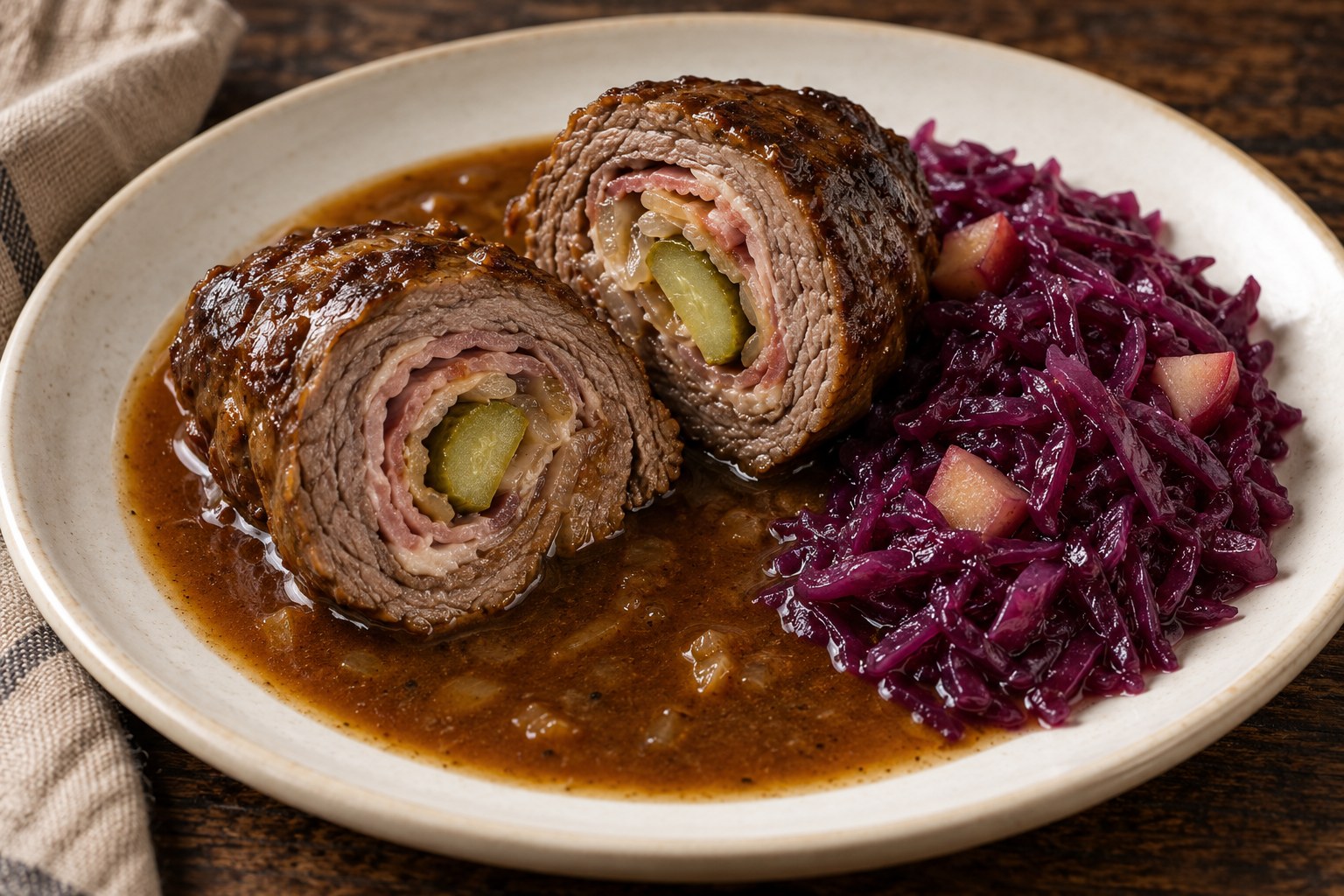 Aufgeschnittene Rinderroulade mit dunkler Sauce und Rotkohl auf einem Teller