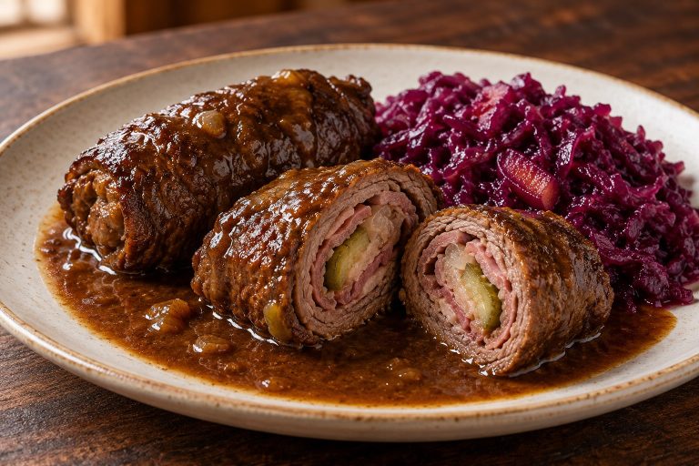 Rinderrouladen mit dunkler Sauce und Rotkohl serviert