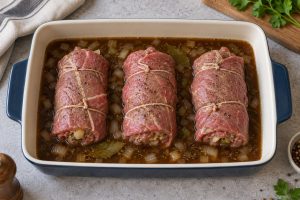 Drei gebundene rohe Rinderrouladen nebeneinander in einer Garform mit Sauce