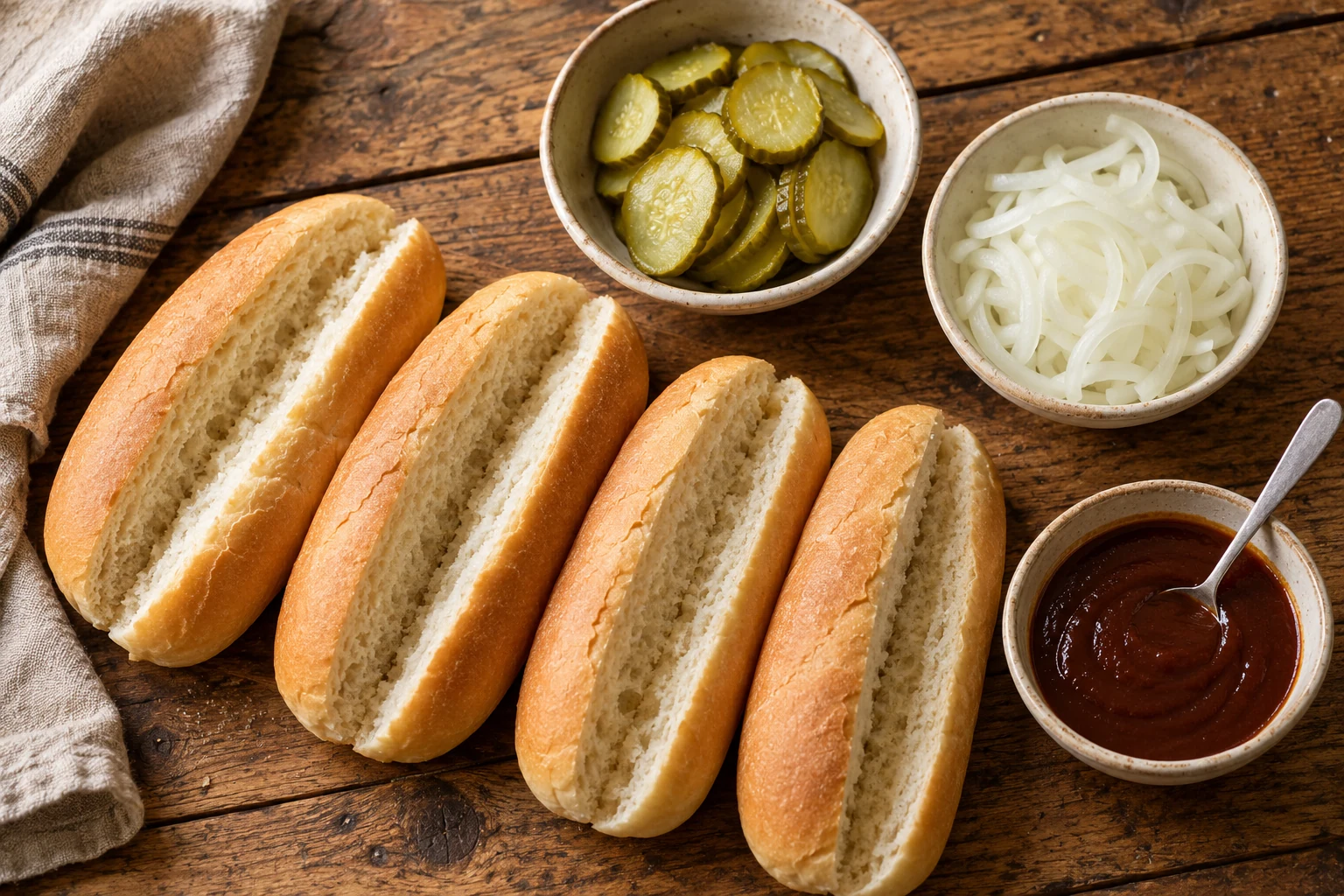 Vier längliche Brötchen neben Gewürzgurken, Zwiebelstreifen und BBQ-Sauce