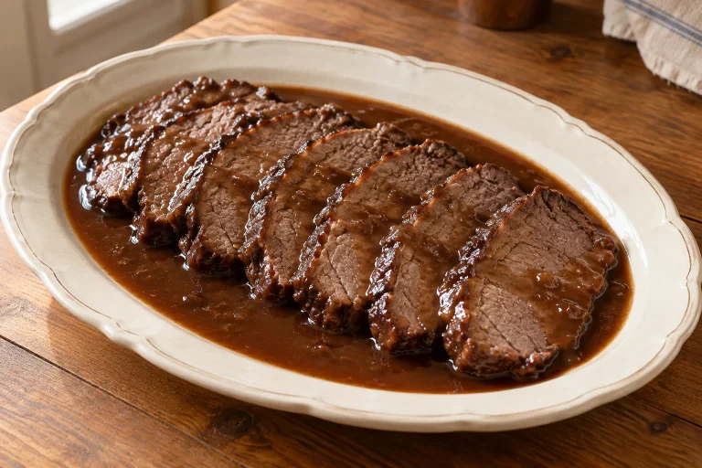 Sauerbraten in Scheiben mit brauner Rotweinsauce auf einer Platte