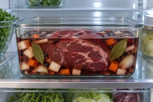 Rinderschulter in Rotweinbeize mit Gemüse und Gewürzen