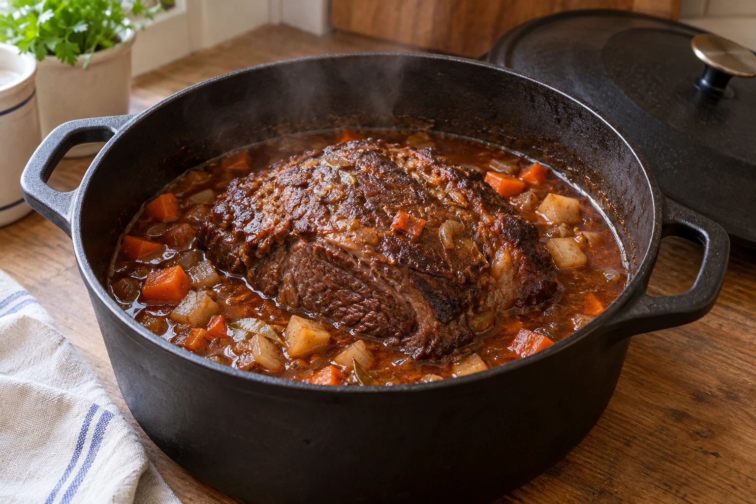 Sauerbraten schmort mit Gemüse und wenig Flüssigkeit