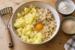 Zerdrückte Kartoffeln, fein gehacktes Sauerkraut, Zwiebel und Ei vor dem Vermengen