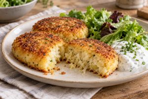 Aufgeschnittener Kartoffel-Sauerkraut-Bratling mit feinem Kraut im weichen Inneren und Kräuterquark