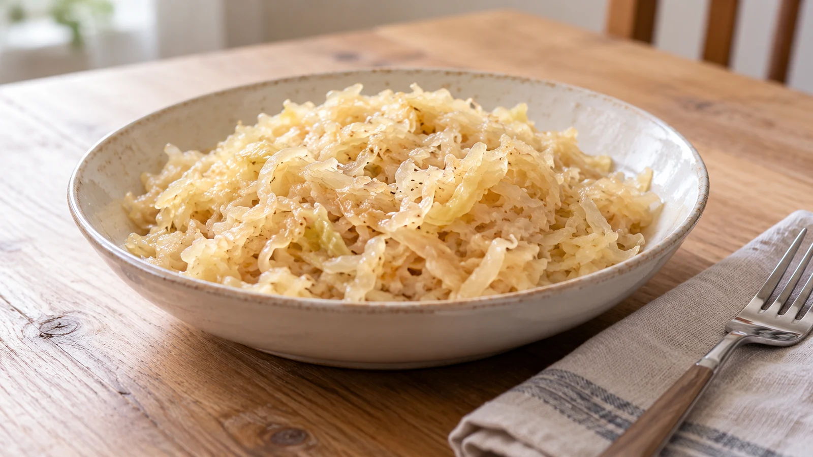 Gegartes Sauerkraut in einer hellen Schale ohne lose Wacholderbeeren.