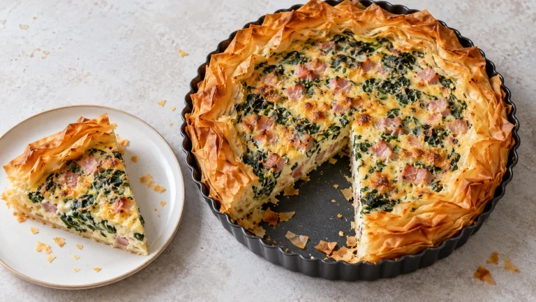Schinken-Spinat-Quiche mit knusprigem Filoteigrand in einer schwarzen Form und einem Stück auf einem Teller