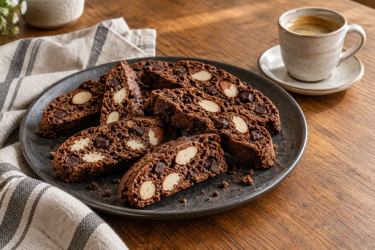 Knusprige Schoko-Cantuccini mit sichtbaren Mandelstücken neben einer Espressotasse
