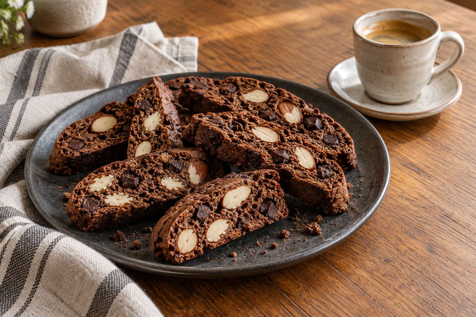 Knusprige Schoko-Cantuccini mit sichtbaren Mandelstücken neben einer Espressotasse