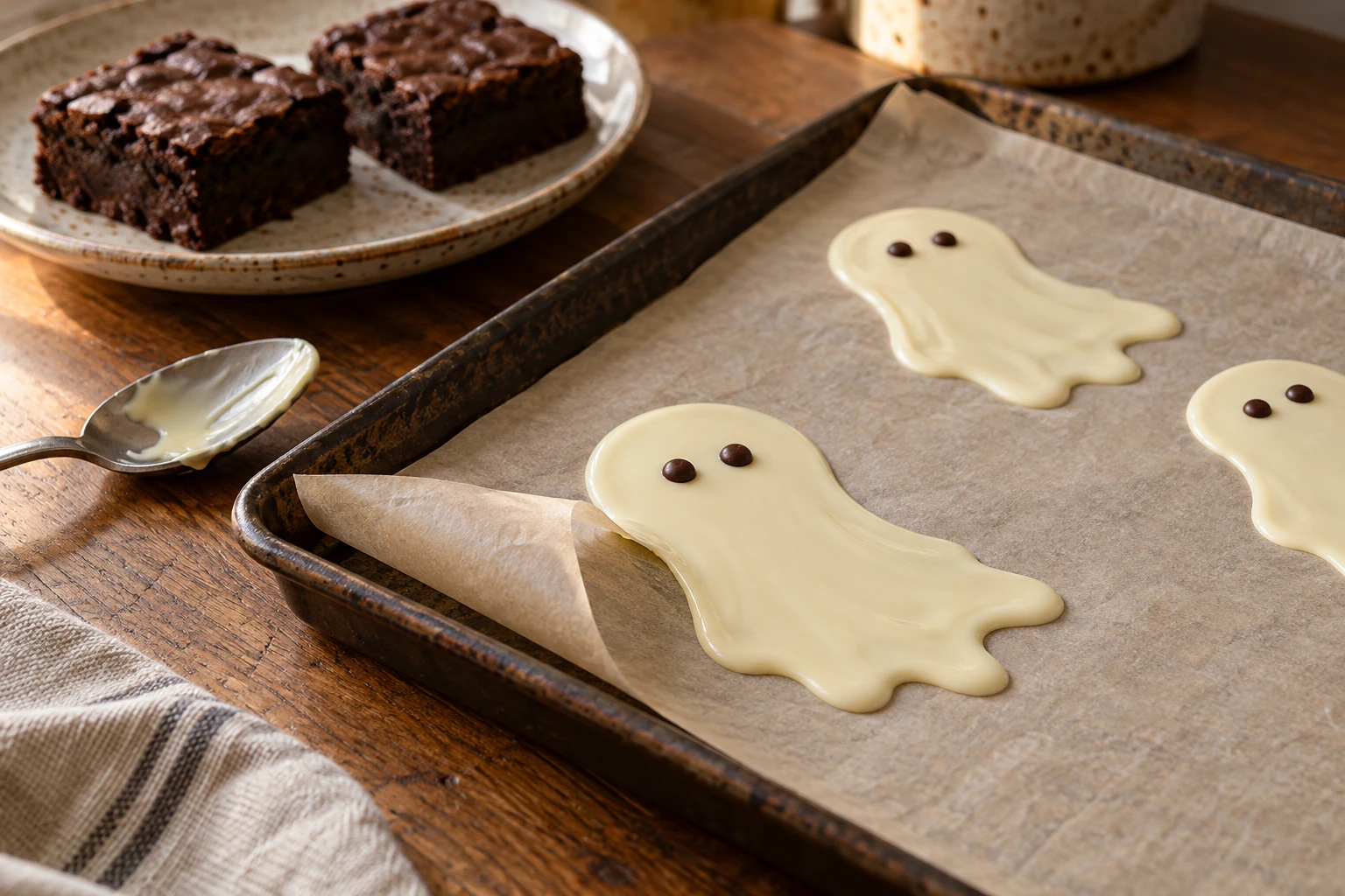 Flache weiße Schokoladengeister auf Backpapier neben abgekühlten Brownies