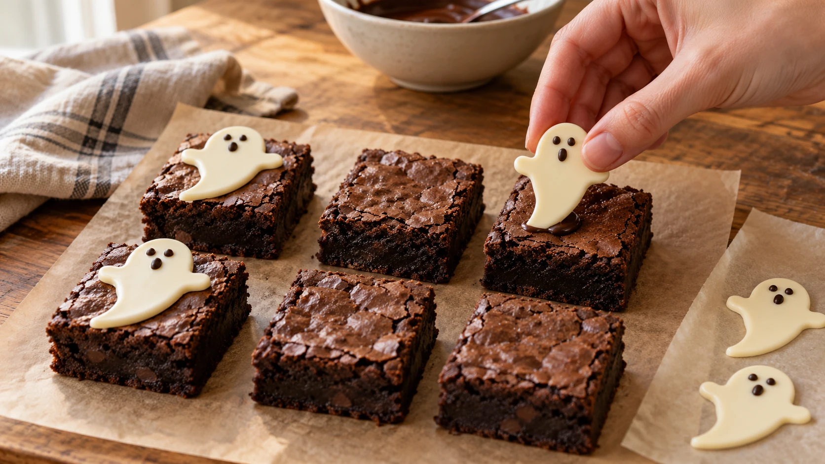 Ein fester Geist aus weißer Schokolade wird auf ein ausgekühltes Browniequadrat gesetzt.