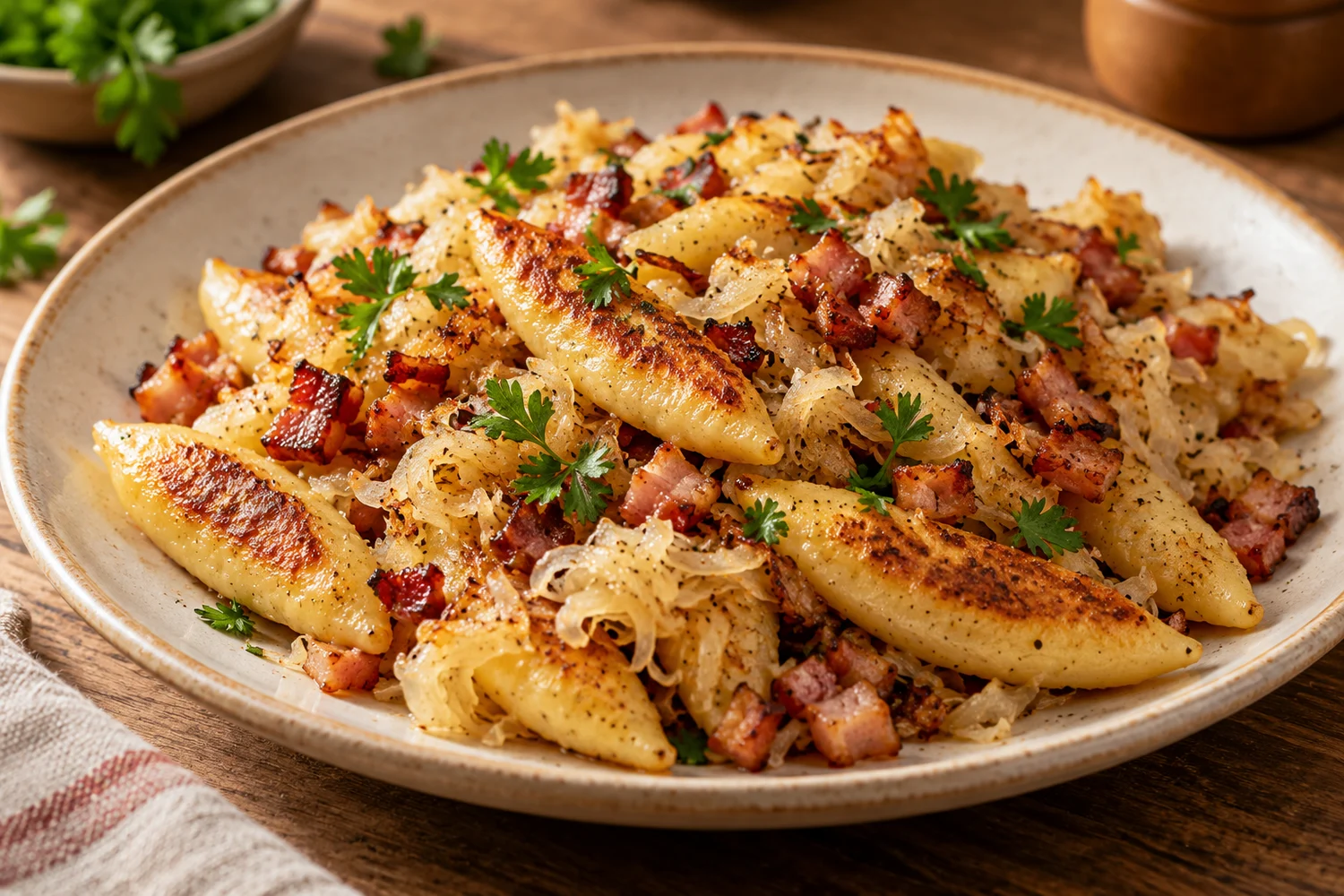 Fertige Schupfnudelpfanne mit Sauerkraut und knusprigem Speck auf einem Teller