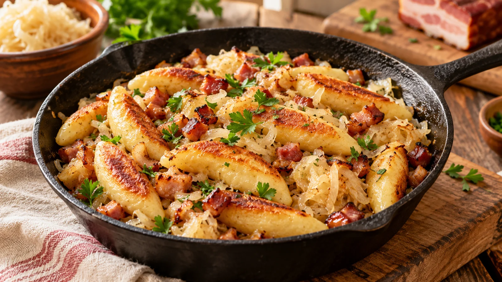Goldbraune Schupfnudeln mit Sauerkraut und Speck in einer Pfanne