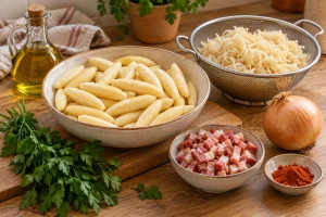 Schupfnudeln, abgetropftes Sauerkraut, Speck, Zwiebel und Kräuter