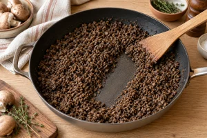 Fein gehackte Champignons als trockene Duxelles in einer breiten Pfanne