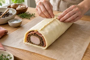 Schweinefilet mit Schinken und Pilzfüllung beim Einwickeln in kalten Blätterteig
