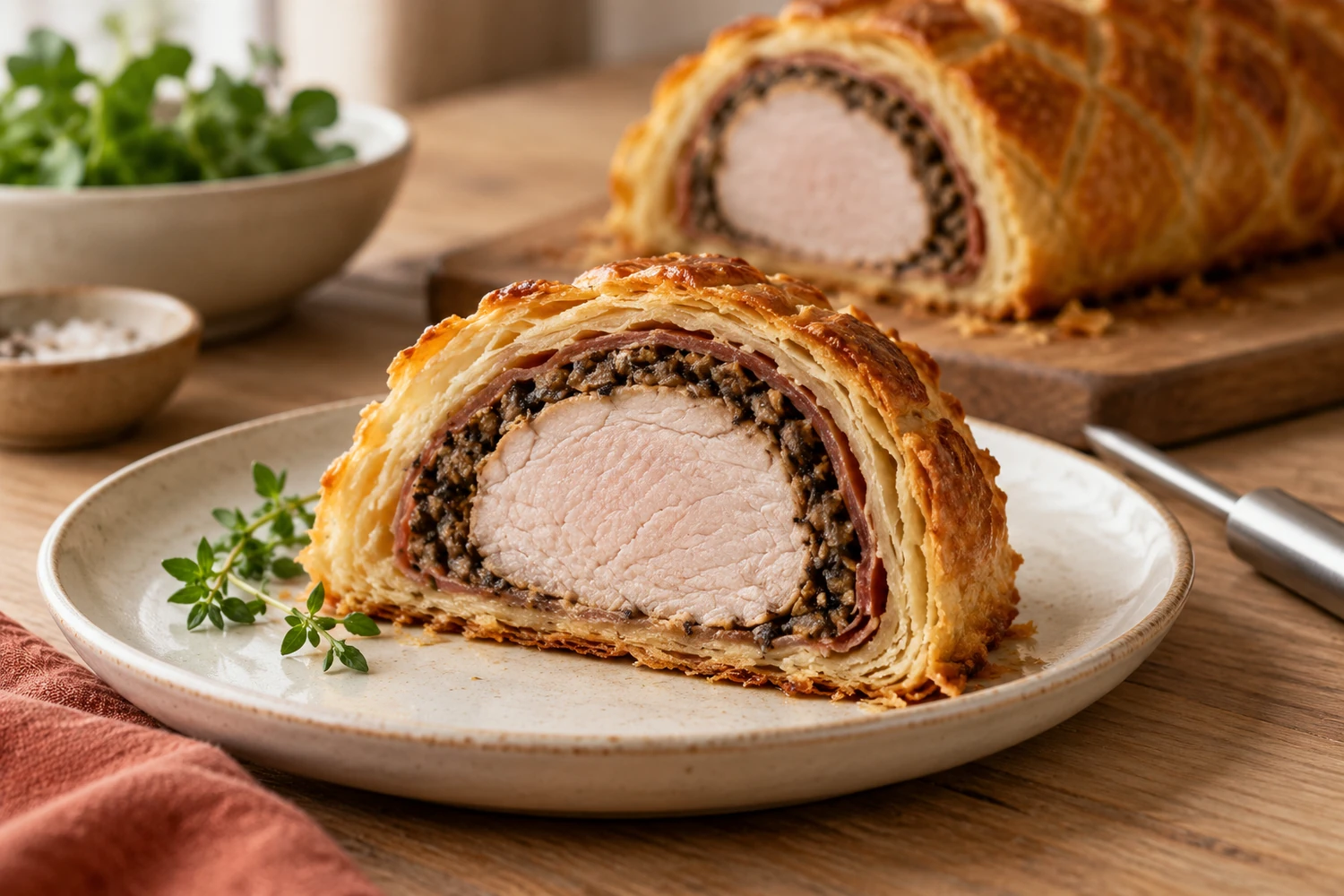 Sauberer Wellington-Anschnitt mit knusprigem Boden und gegartem Schweinefilet neben einem Fleischthermometer