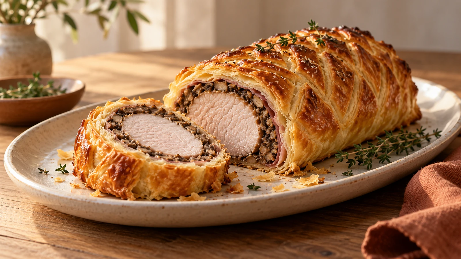Aufgeschnittenes Schweinefilet Wellington mit goldbraunem Blätterteig und dunkler Pilz-Duxelles
