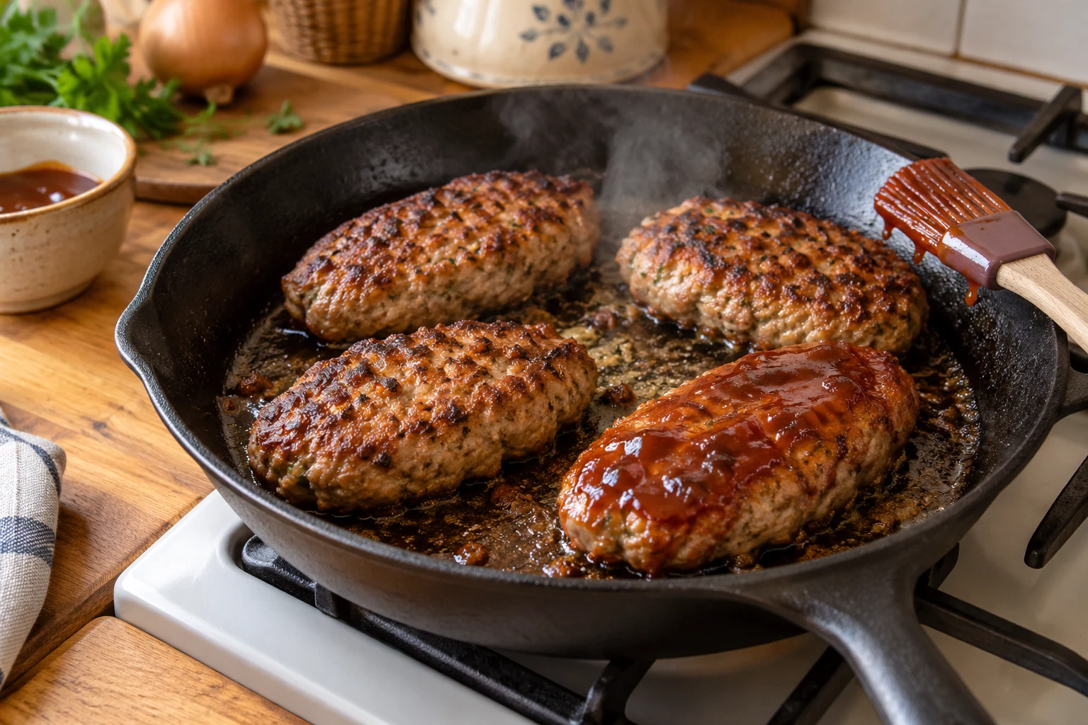 Vier gebräunte längliche Schweinepattys in einer Pfanne, eines mit BBQ-Sauce glasiert