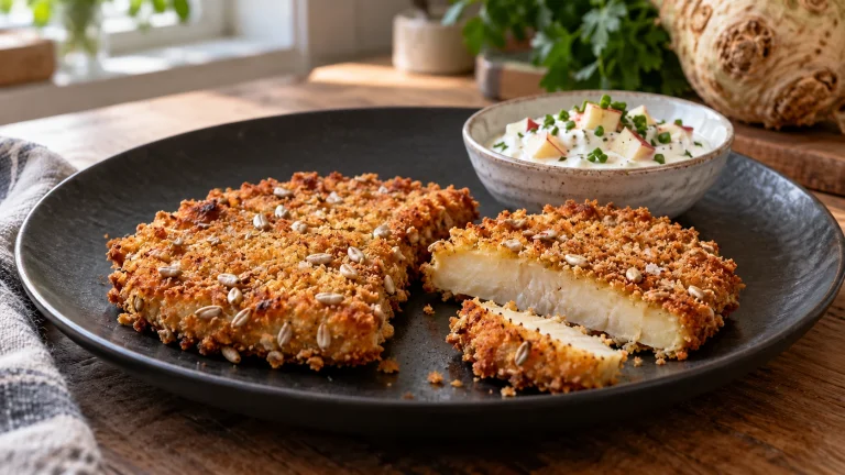 Zwei Sellerieschnitzel mit Sonnenblumenkernkruste und einer Schale Apfel-Meerrettich-Dip