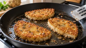 Goldbraune Sellerieschnitzel mit Kernpanade liegen nebeneinander in einer Pfanne