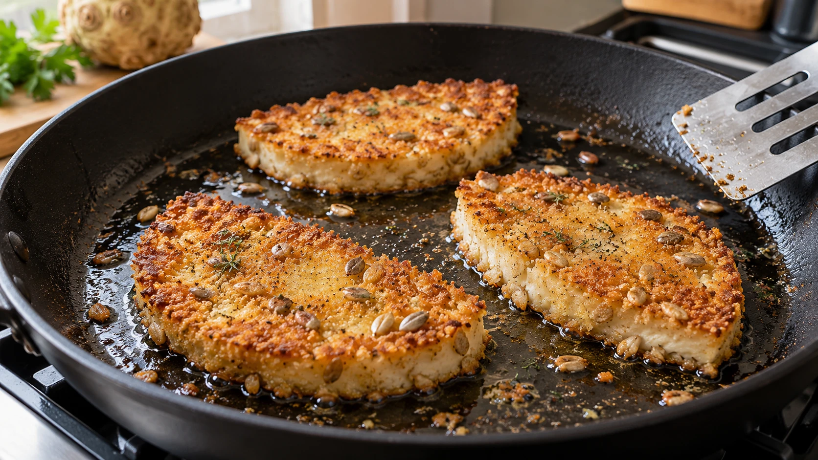 Goldbraune Sellerieschnitzel mit Kernpanade liegen nebeneinander in einer Pfanne