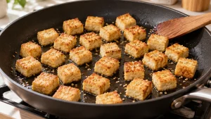Goldbraune Tofuwürfel mit Sesam in einer großen Pfanne