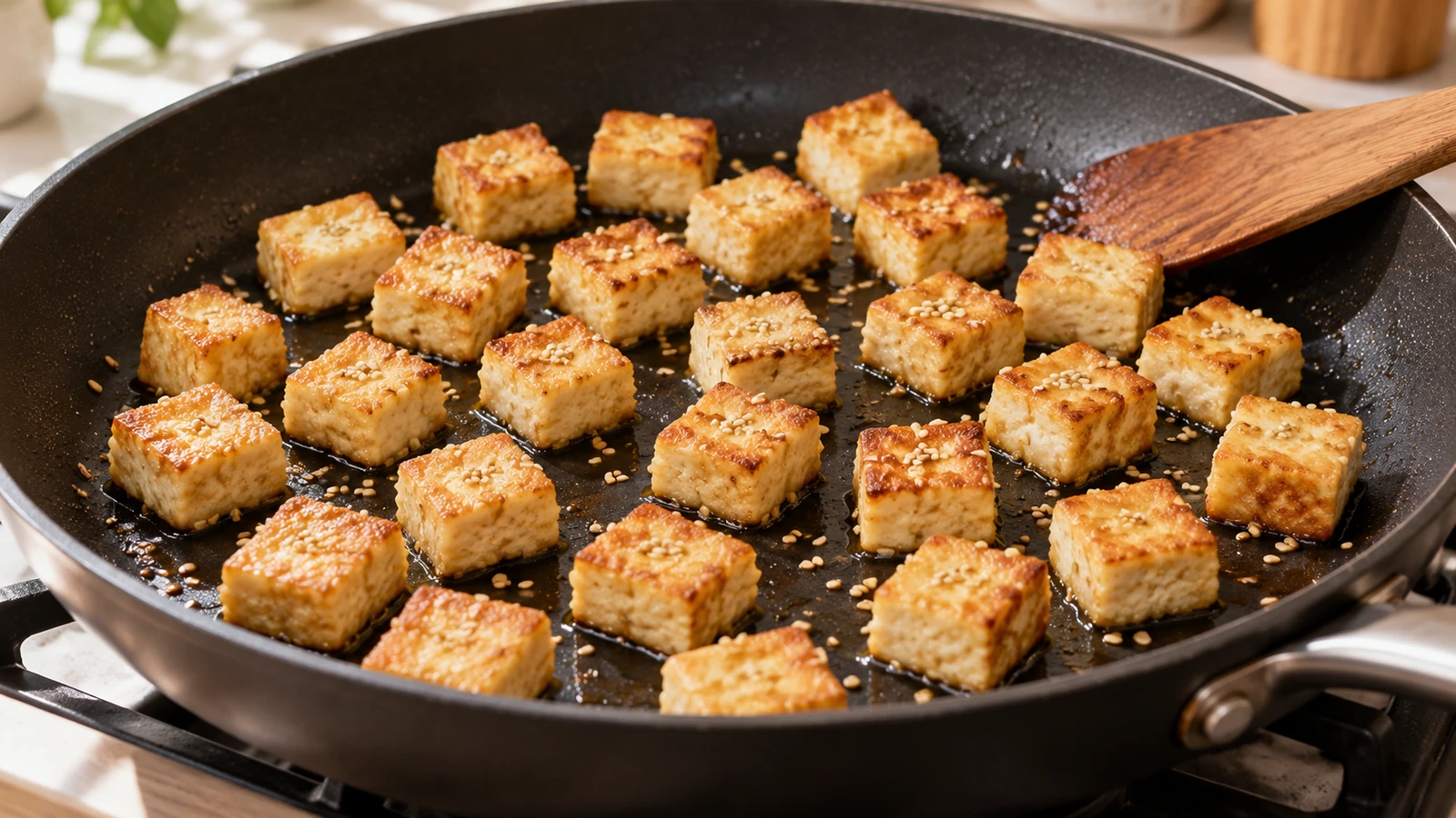 Goldbraune Tofuwürfel mit Sesam in einer großen Pfanne
