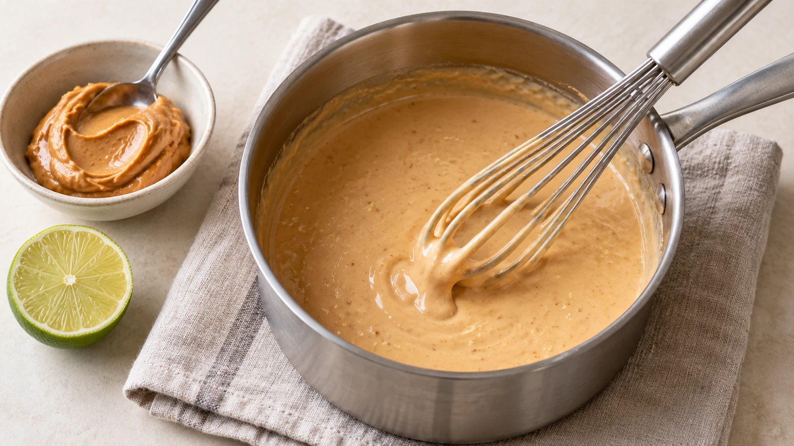 Cremige Erdnuss-Kokos-Sauce mit einem Schneebesen in einem kleinen Topf