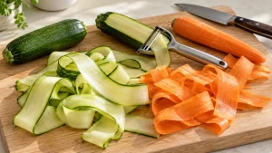 Breite Zucchini- und Möhrenbänder neben einem Sparschäler auf einem Holzbrett