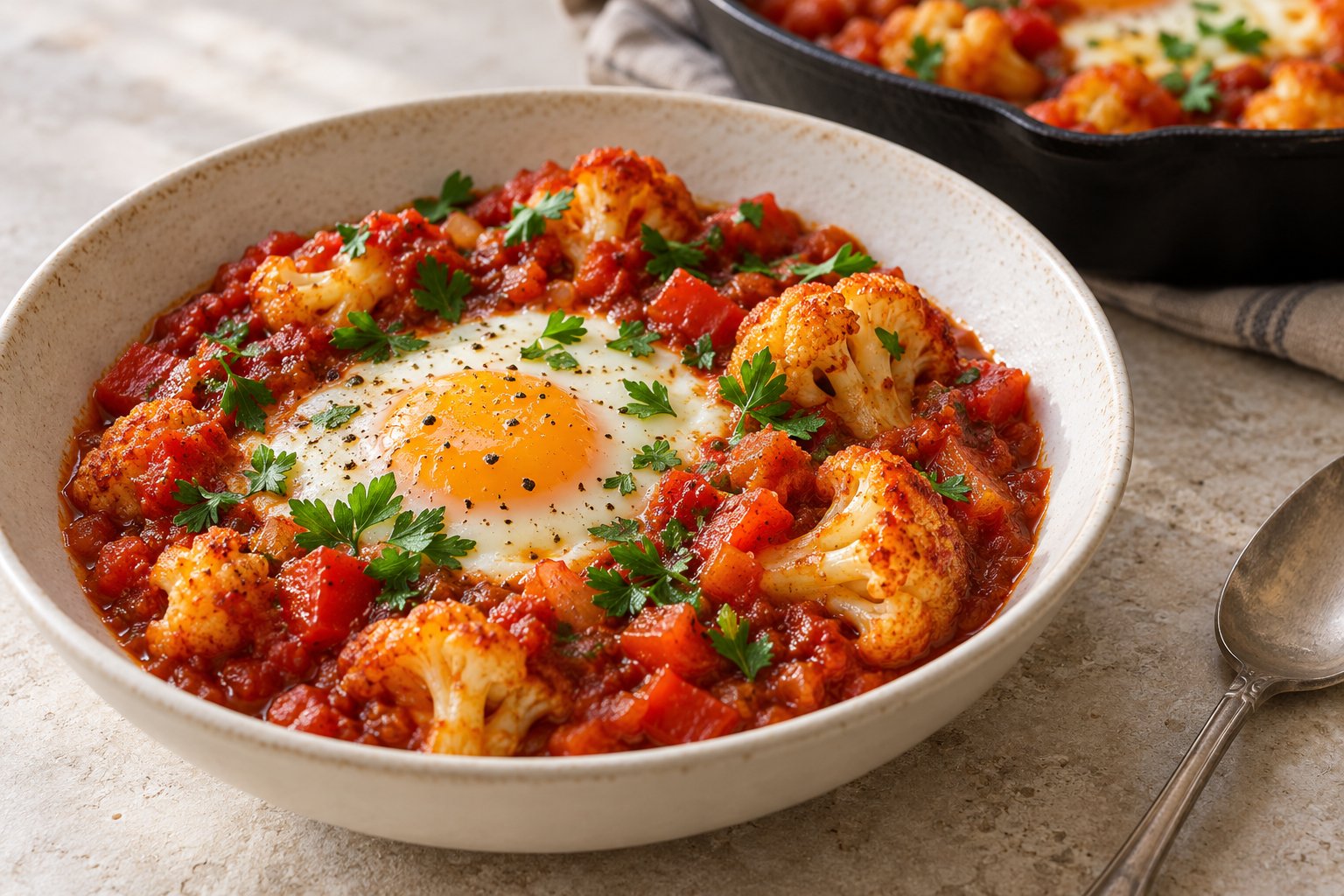Nahaufnahme eines gegarten Eis mit Blumenkohl und Tomatensauce, daneben ein Stück Brot