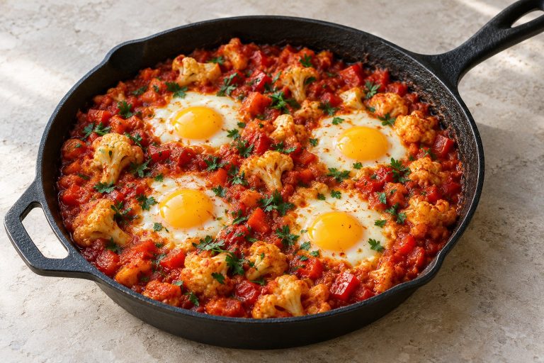 Blumenkohl-Shakshuka mit vier Eiern in einer schwarzen Pfanne
