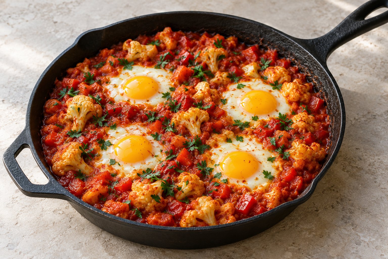 Blumenkohl-Shakshuka mit vier Eiern in roter Paprika-Tomaten-Sauce und Petersilie