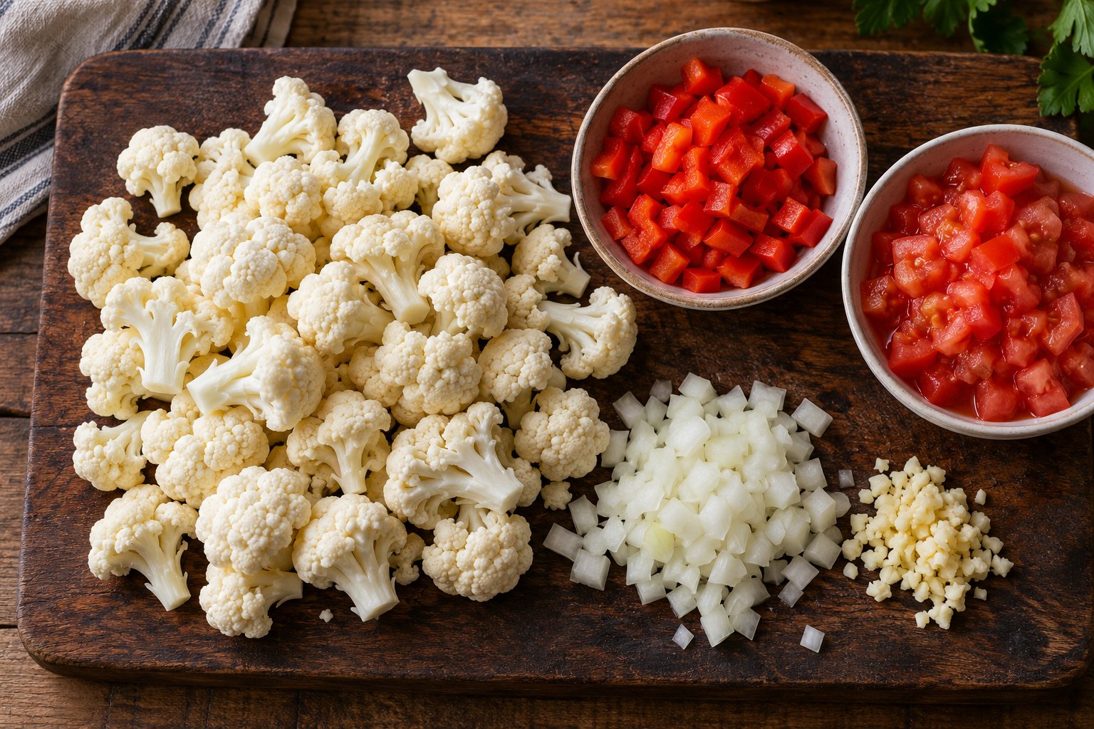 Vorbereitete kleine Blumenkohlröschen, Paprikawürfel, Tomaten, Zwiebel und Knoblauch