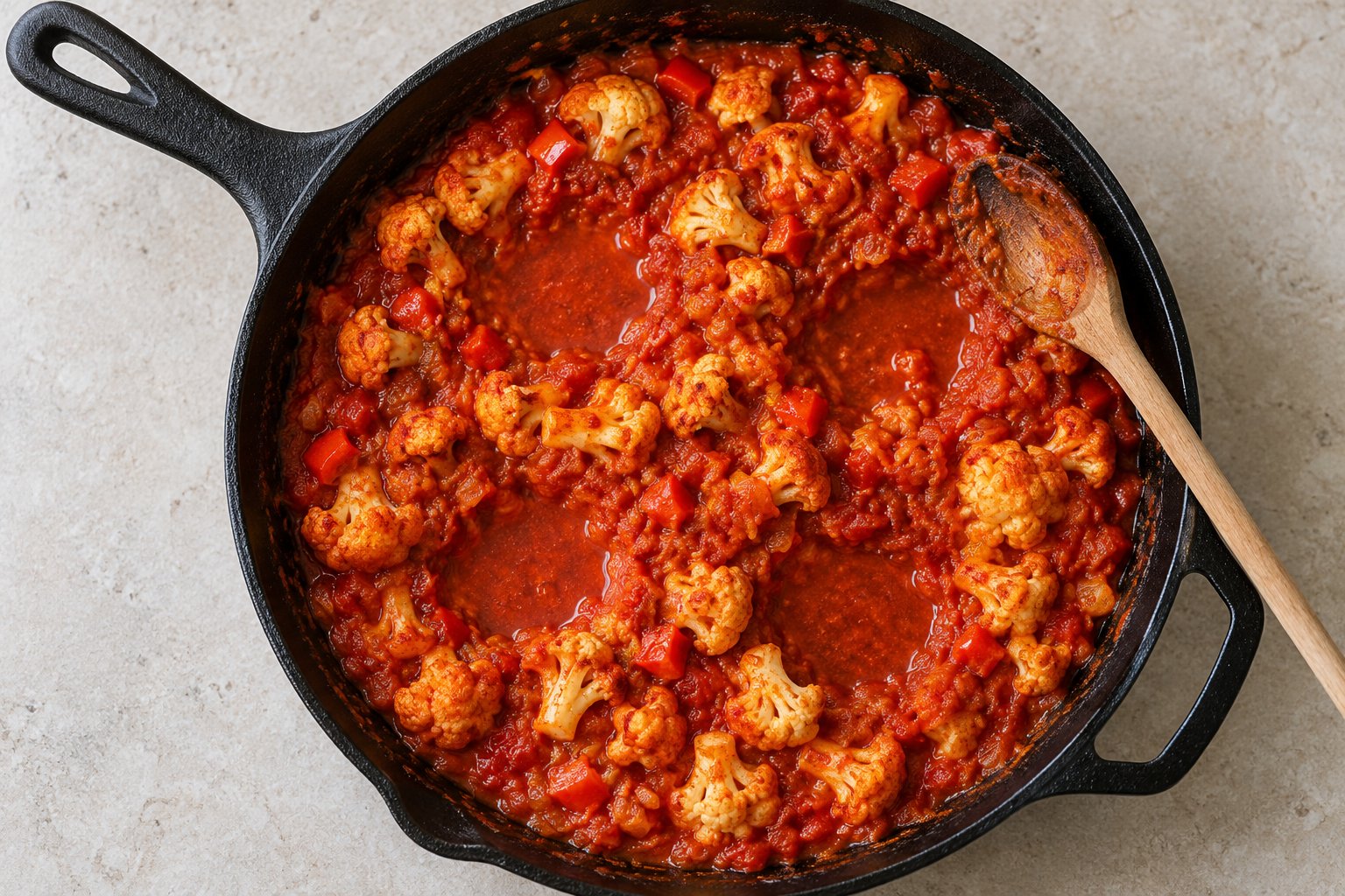 Blumenkohlröschen und Paprikawürfel garen in einer eingekochten Tomatensauce