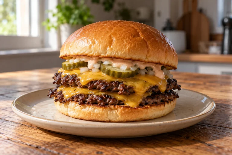 Doppelter Smash Burger mit Cheddar, Gurke und Sauce im gerösteten Brötchen