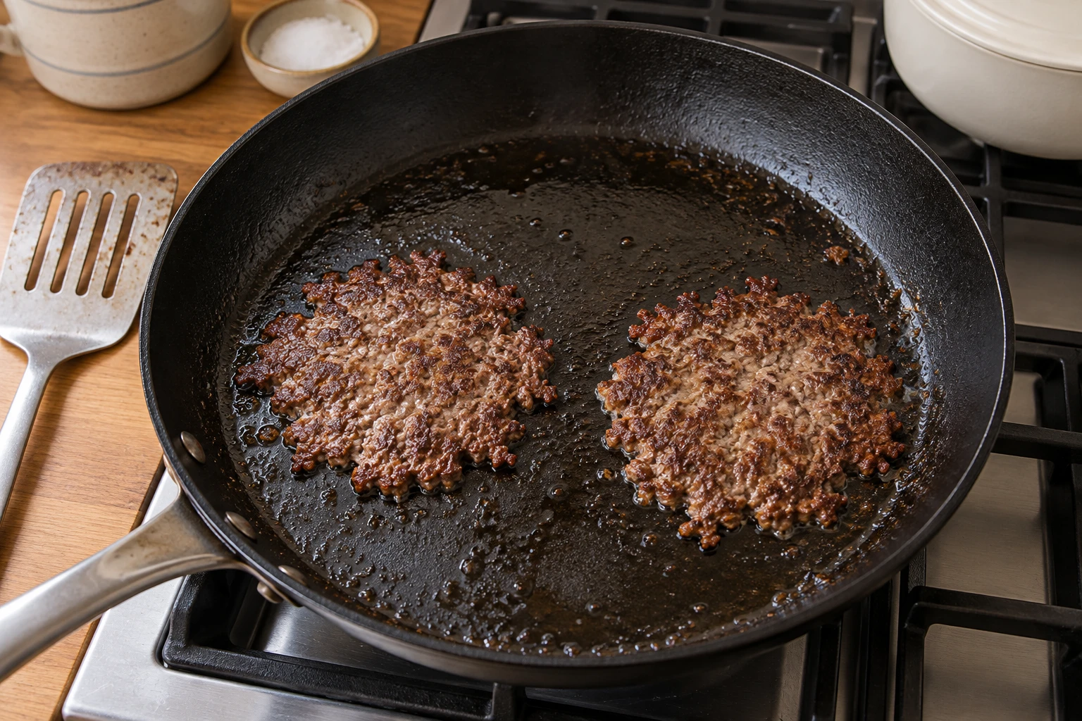 Zwei dünne Smash-Patties braten in einer schweren Pfanne