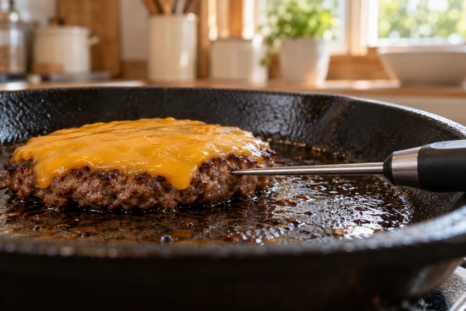 Dünne Thermometerspitze misst seitlich im Burger-Patty