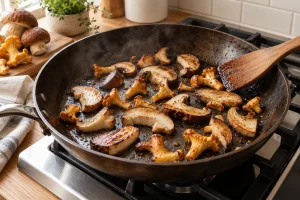 Gemischte Pilzstücke bräunen mit sichtbaren Zwischenräumen in einer breiten Pfanne