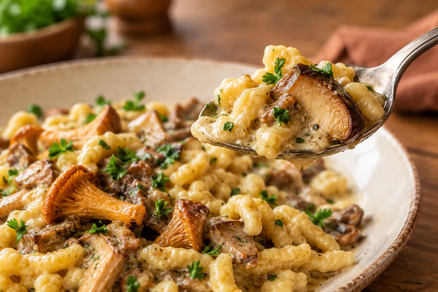Ein Löffel hebt Spätzle mit cremiger Pilzrahmsauce und einem gebräunten Pilzstück vom Teller