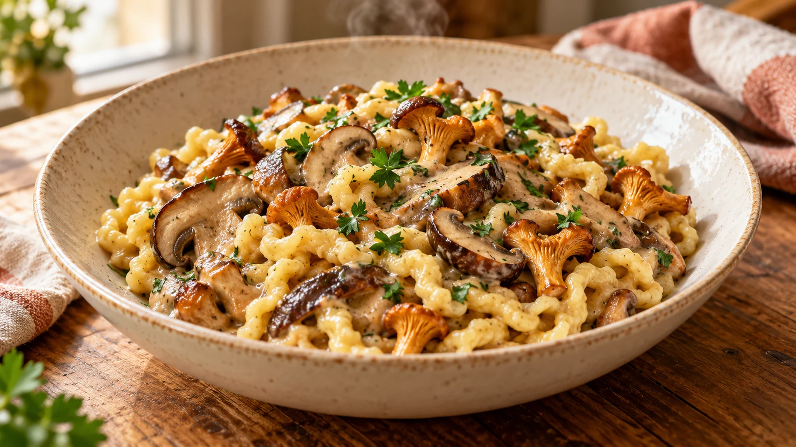 Spätzle mit cremiger Waldpilzrahmsauce, gebräunten Pilzen und frischer Petersilie auf einem hellen Teller