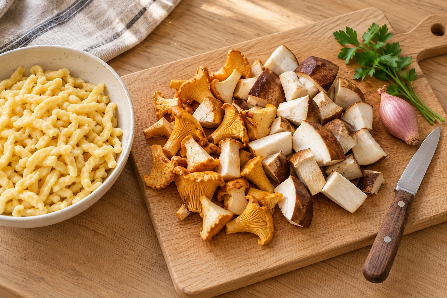 Geputzte, trocken geschnittene Pilzstücke auf einem Brett neben frischen Spätzle