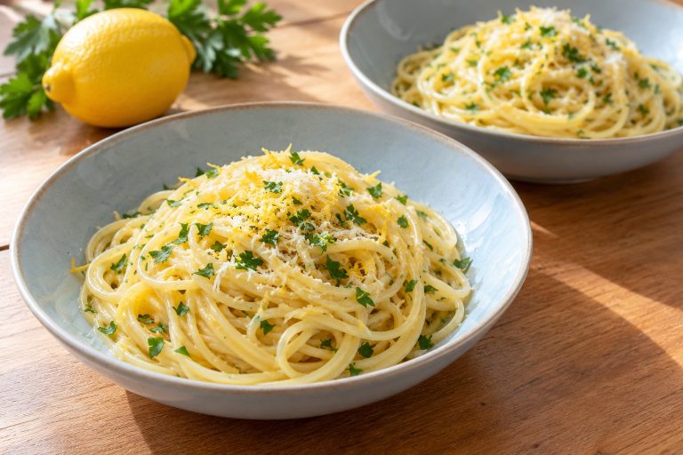 Cremige Spaghetti al limone ohne Sahne auf einem Teller