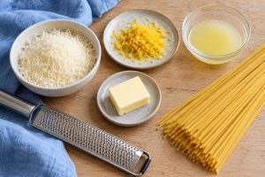 Spaghetti, Zitrone, Butter und Parmesan für Zitronenpasta