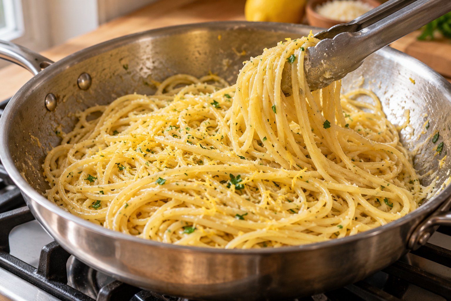 Spaghetti werden in der Pfanne mit Zitronenbutter und Nudelwasser vermengt