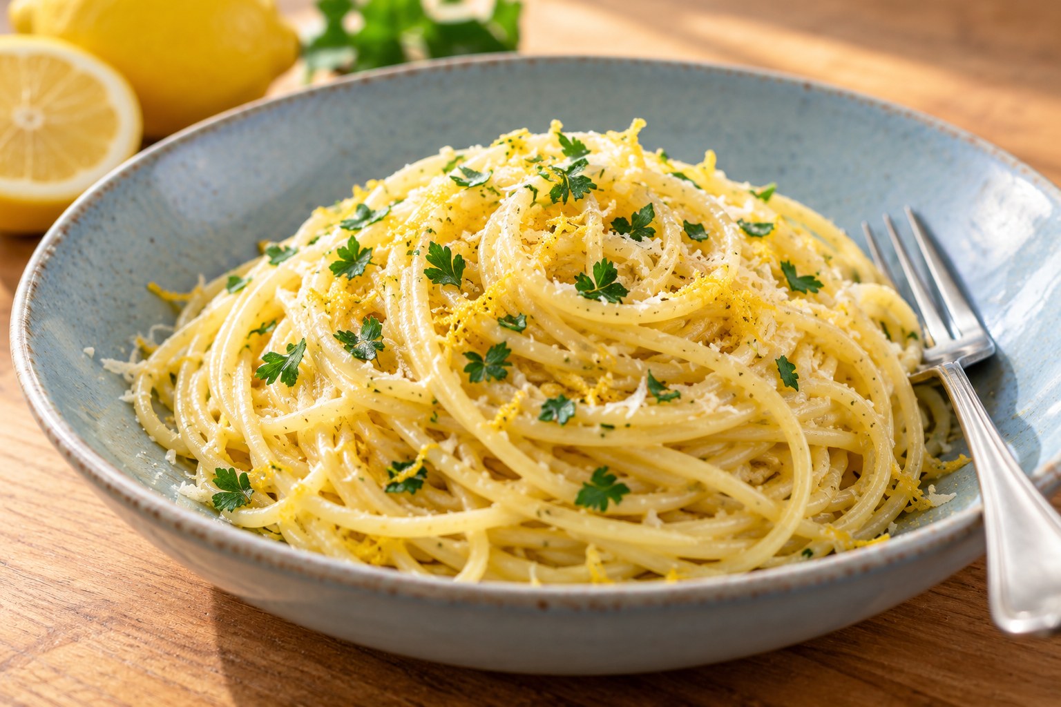 Servierfertige cremige Spaghetti al limone auf einem Teller