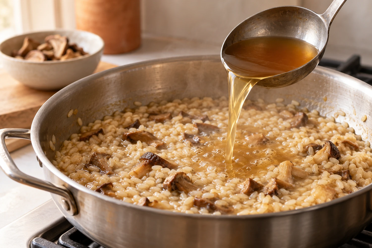Klare Steinpilzbrühe wird portionsweise aus einer Kelle zum Risotto in einer breiten Pfanne gegeben